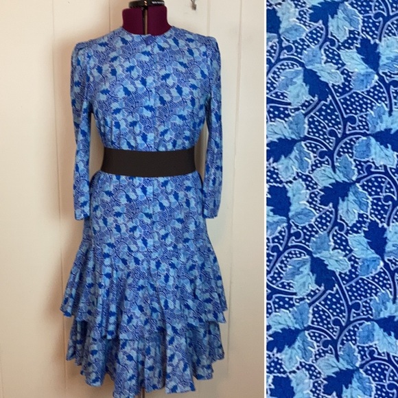 Vintage Dresses & Skirts - Vtg 80s 90s Tiered Ruffle Leaf Print Party Dress